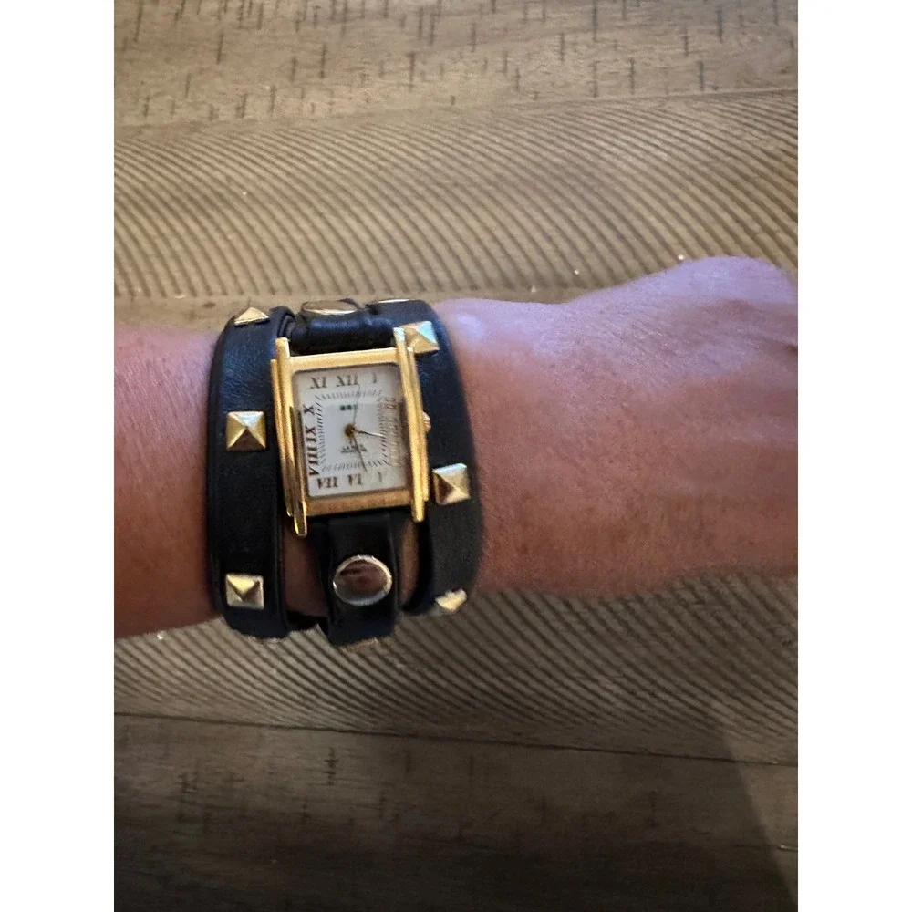 La Mer Collections Gold Studded Black Leather Wrap Watch by Martine Ilana